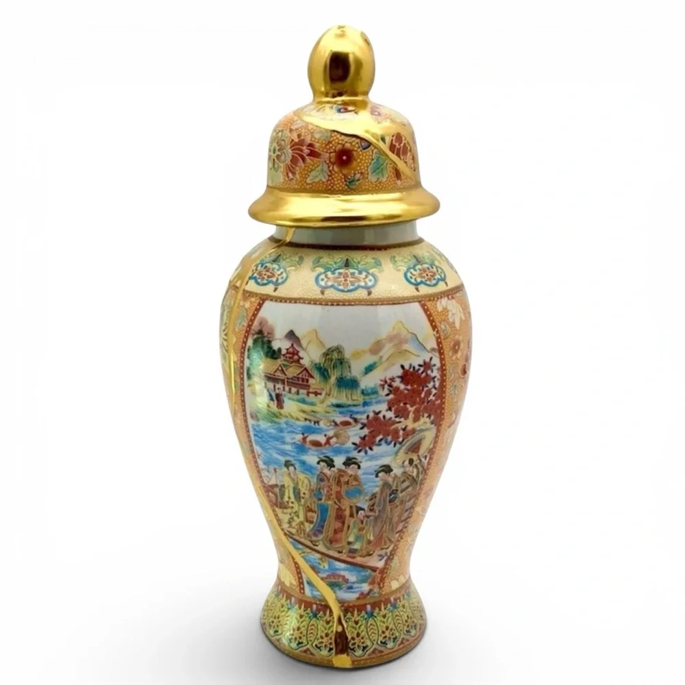 Kintsugi Vase 11” Temple Jar Satsuma-Style Gold Crack Art Personal Growth Gift